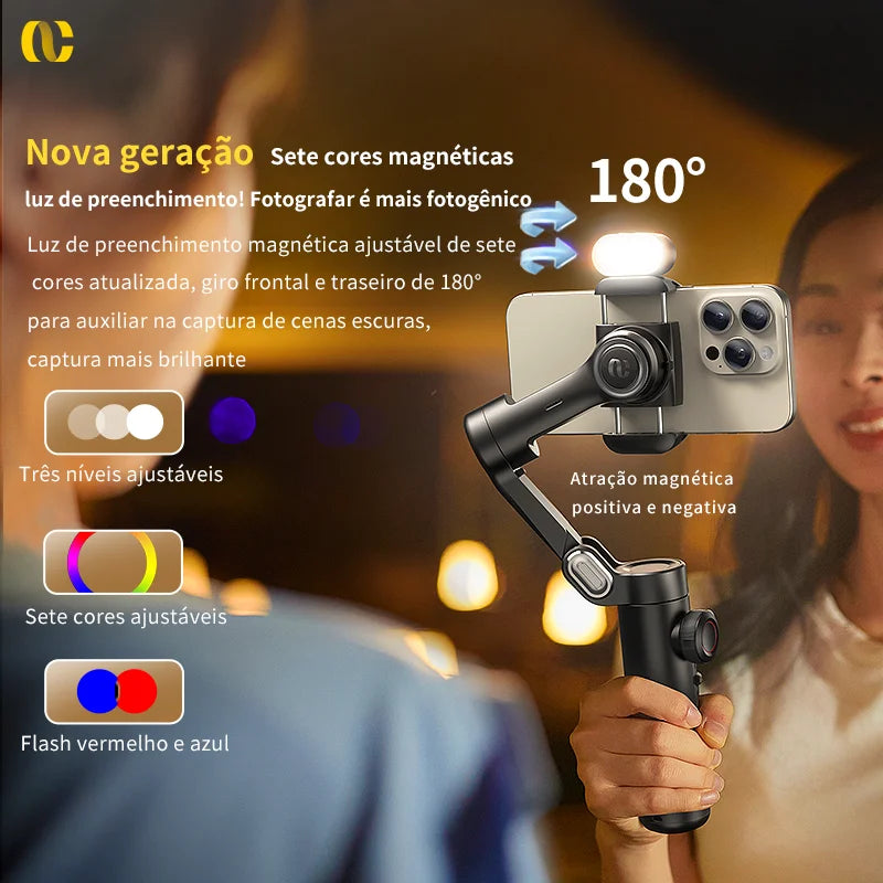 estabilizador Aochuan gimbal portátil de 3 eixos para smartphone  
com luz de preenchimento 
para iphone android 
rastreamento facial