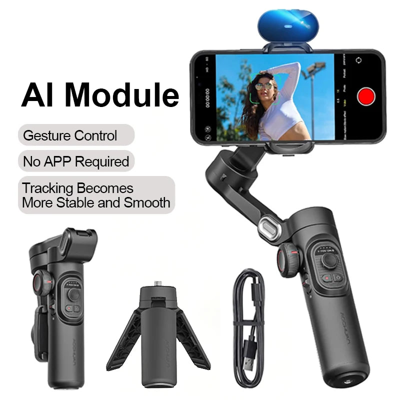 estabilizador Aochuan gimbal portátil de 3 eixos para smartphone  
com luz de preenchimento 
para iphone android 
rastreamento facial