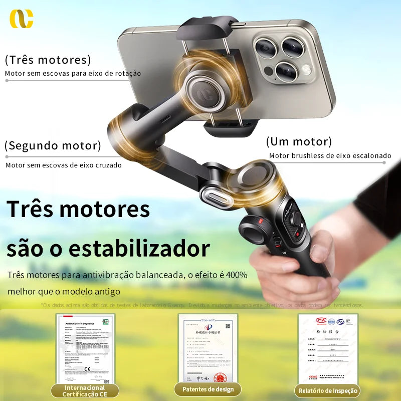 estabilizador Aochuan gimbal portátil de 3 eixos para smartphone  
com luz de preenchimento 
para iphone android 
rastreamento facial