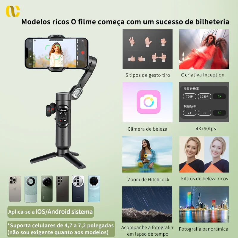 estabilizador Aochuan gimbal portátil de 3 eixos para smartphone  
com luz de preenchimento 
para iphone android 
rastreamento facial